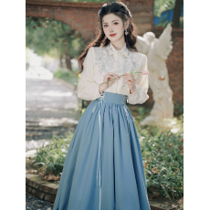 批发6505春复古文艺森女国风绣花长袖+绣花大摆拼蕾丝裙多色套装40+