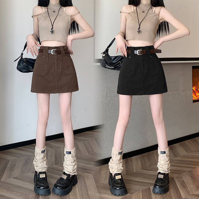 Actual shot of 2024 spring and summer new American retro coffee-colored skirt high-waisted slim A-line versatile design short skirt