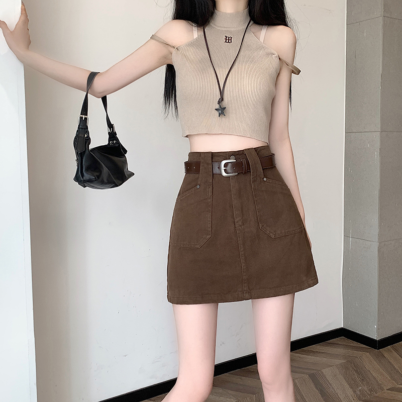 Actual shot of 2024 spring and summer new American retro coffee-colored skirt high-waisted slim A-line versatile design short skirt