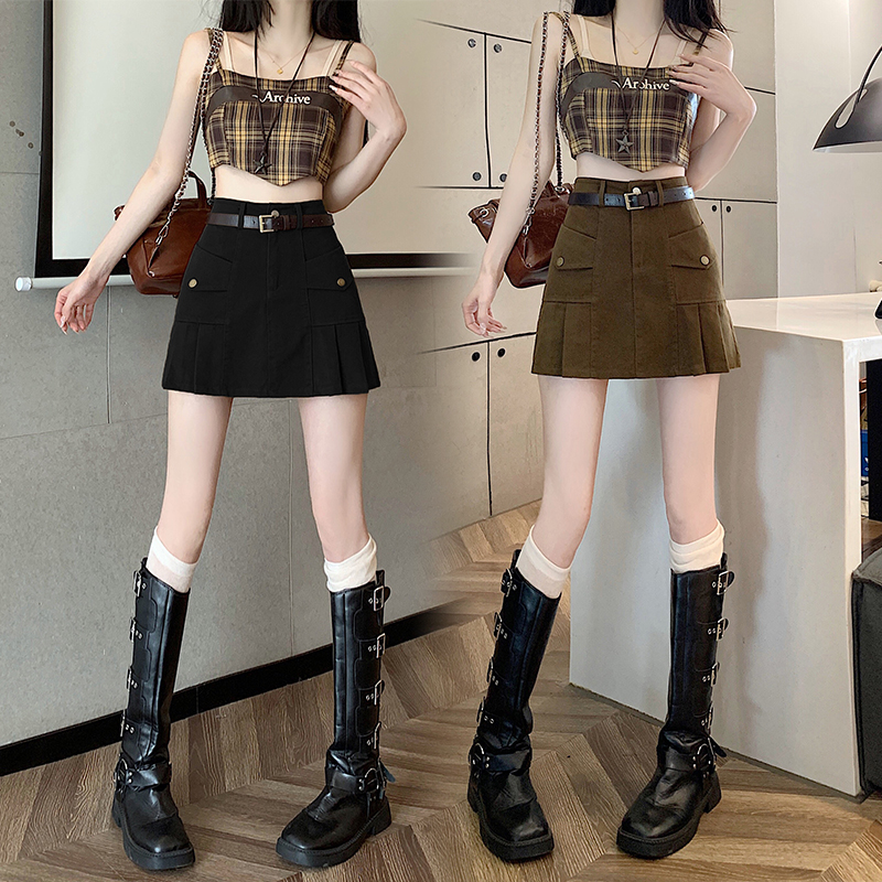 Actual shot of 2024 new summer style American retro hottie workwear pleated skirt high waist slim versatile A-line skirt