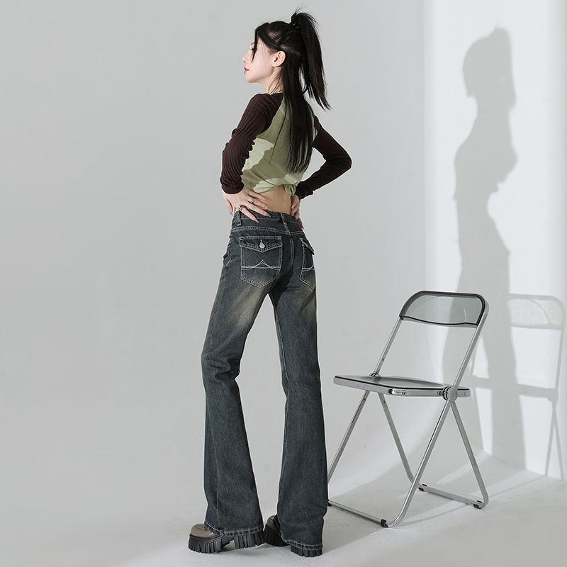 Actual shot 2024 spring new style retro high street distressed washed low-waisted wrinkled jeans for women