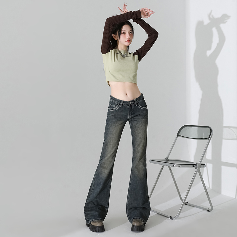 Actual shot 2024 spring new style retro high street distressed washed low-waisted wrinkled jeans for women