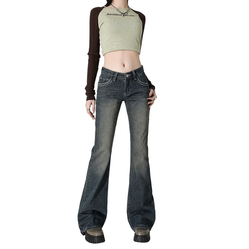 Actual shot 2024 spring new style retro high street distressed washed low-waisted wrinkled jeans for women