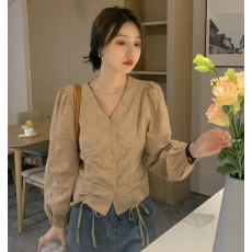 批发2026早春装大码女装韩版修身设计感V领抽绳长袖衬衣
