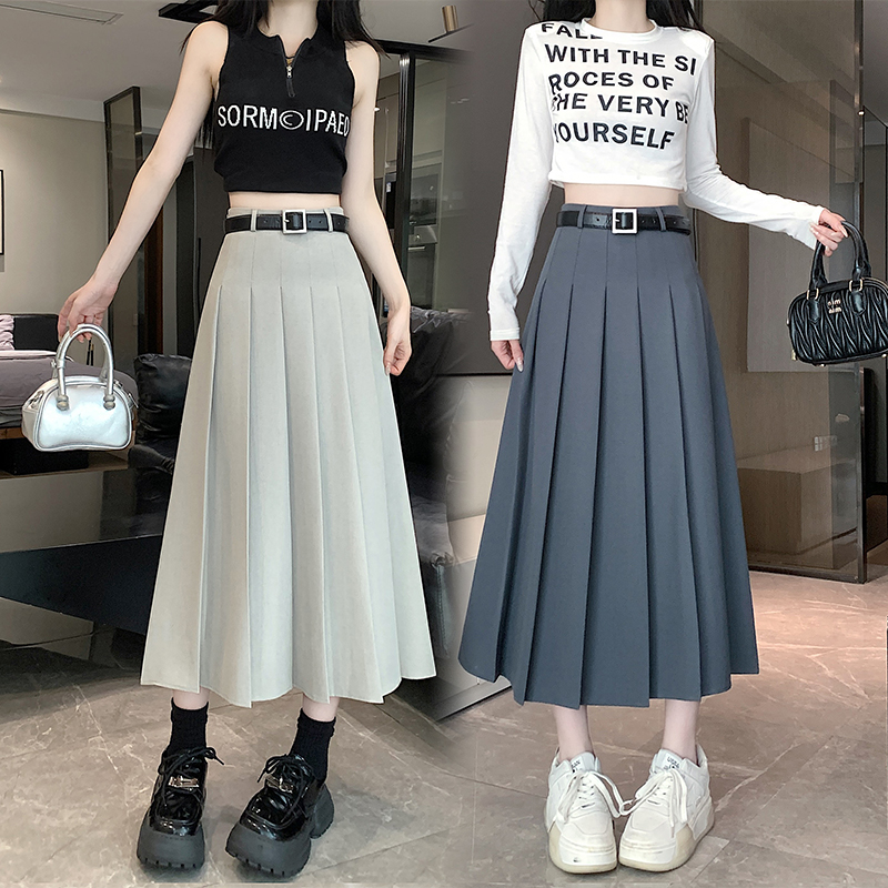 Real shot 2024 gray suit skirt small mid-length pleated skirt high waist slim drape A-line skirt