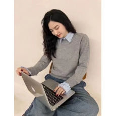 批发2023新款拼接衬衫领针织衫毛衣秋冬季打底衫假两件羊毛上衣套头女