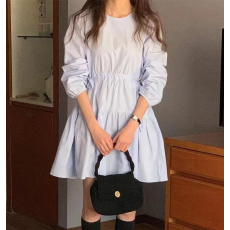 批发韩国2026新款法式气质显瘦收腰侧边系带<b class='q'>连衣裙</b>短裙长袖圆领