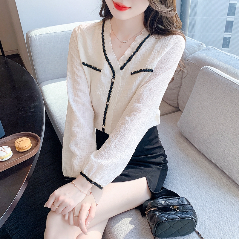 MY16416# 新款女神v领蕾丝抽褶衬衫女设计感小众高级百搭气质上衣女裝...