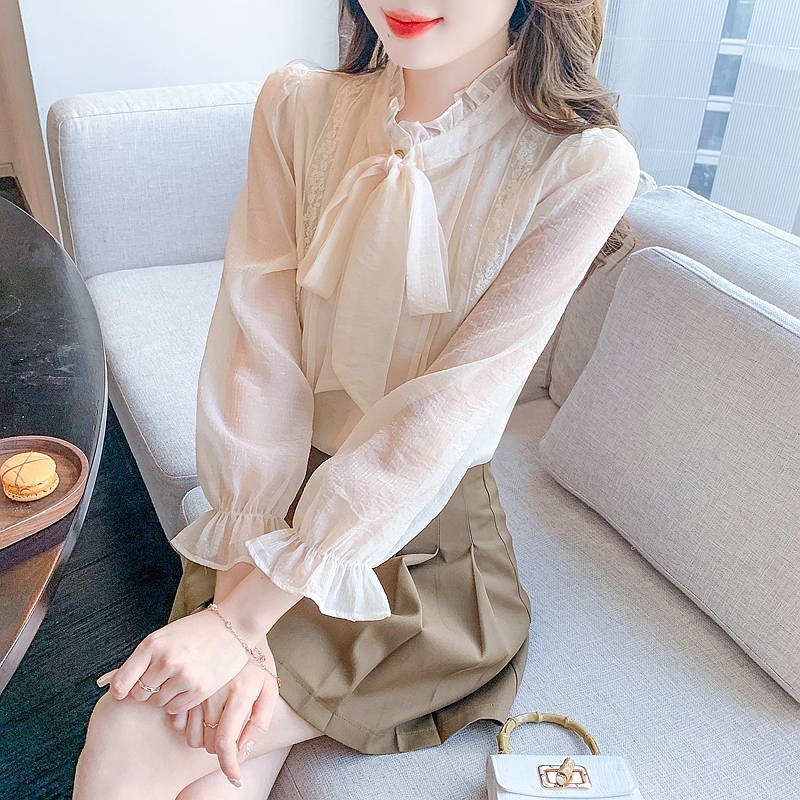 프랑스식 품격 스탠드 칼라 나비 매듭 긴팔 여성 셔츠 2026 봄 가을 새로운 디자인 센스 작은 대중 쉬폰 톱