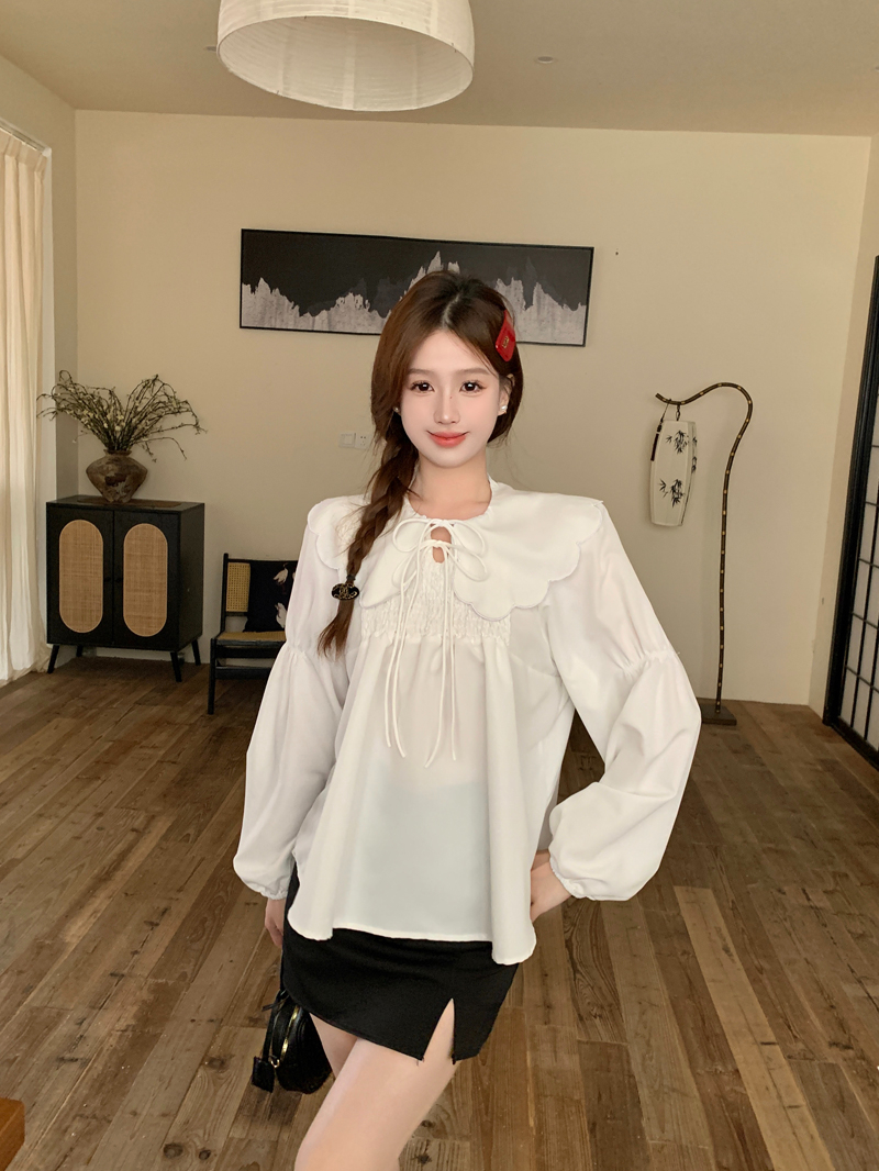 Actual Korean version of retro sweet girl loose lace-up doll collar shirt spring inner and outer top