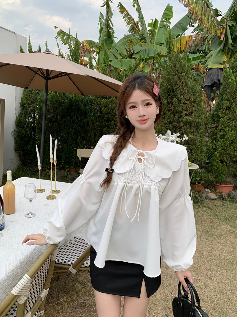 Actual Korean version of retro sweet girl loose lace-up doll collar shirt spring inner and outer top