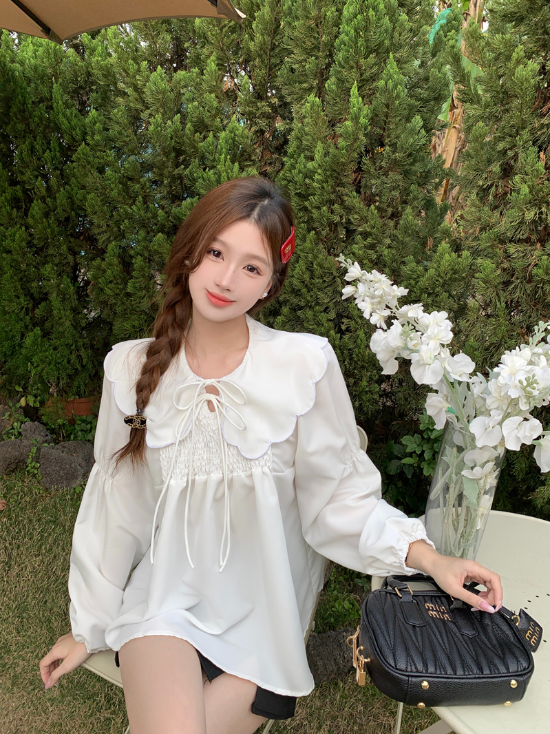 Actual Korean version of retro sweet girl loose lace-up doll collar shirt spring inner and outer top