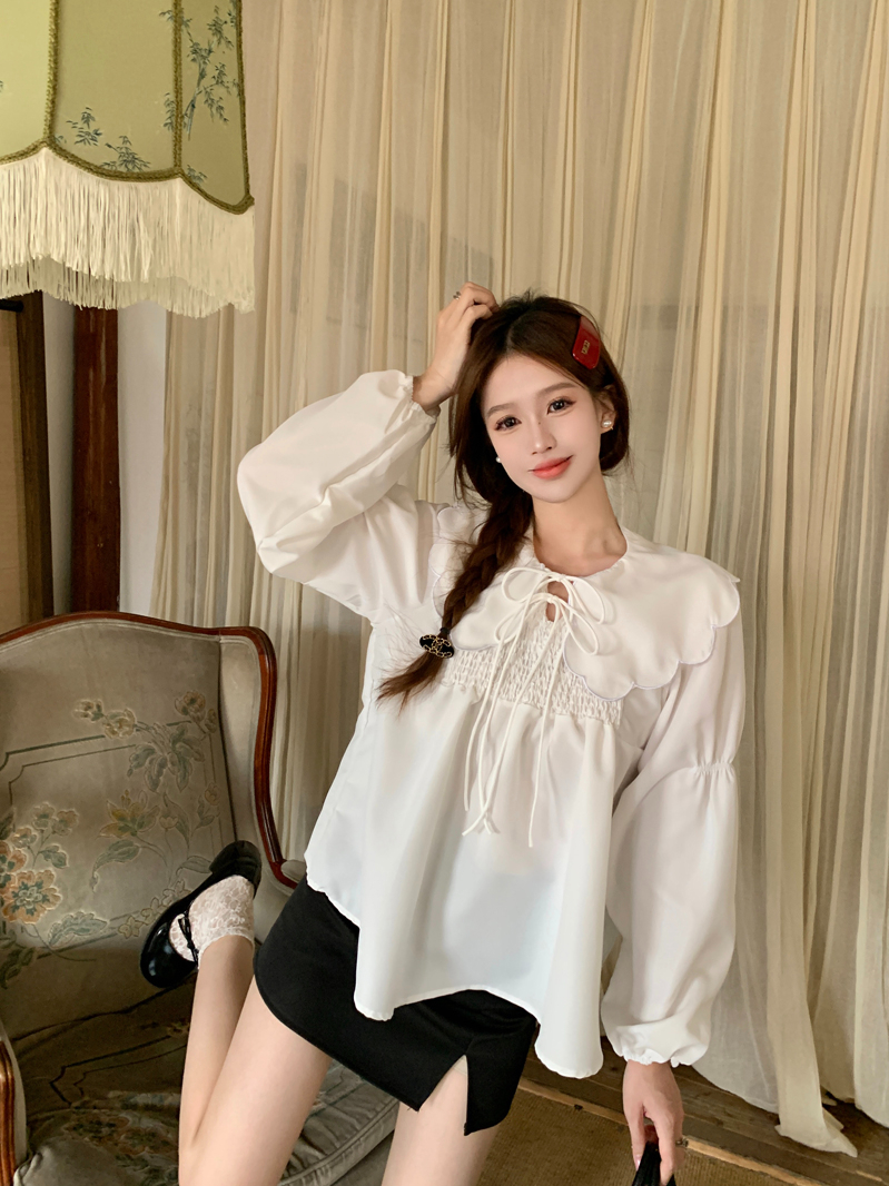 Actual Korean version of retro sweet girl loose lace-up doll collar shirt spring inner and outer top