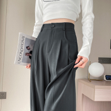 灰色西装阔腿裤女春季2024新款高腰垂感小个子休闲窄版直筒拖地裤