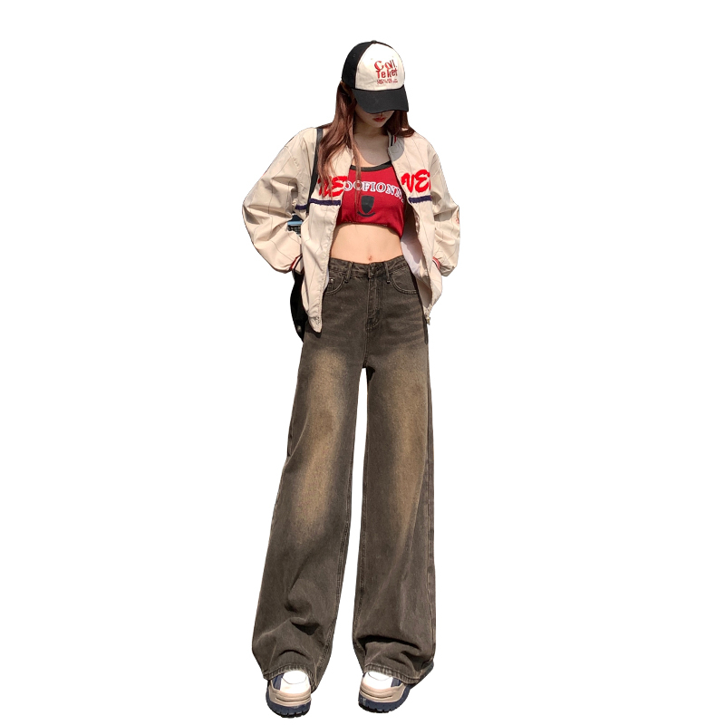 Real shot of the new high waisted coffee colored wide leg denim pants for women in spring, loose and draped floor mopping pants