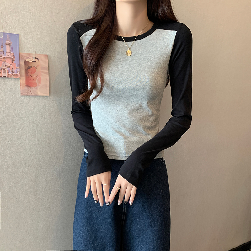 The first release of 95 cotton 5 spandex hot girl striped slimming splicing fake two-piece top for women chic square collar bottoming