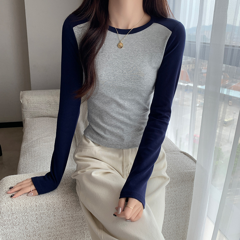 The first release of 95 cotton 5 spandex hot girl striped slimming splicing fake two-piece top for women chic square collar bottoming