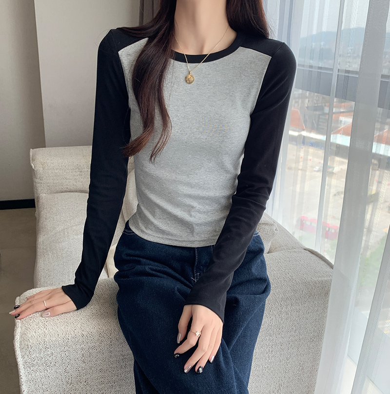 The first release of 95 cotton 5 spandex hot girl striped slimming splicing fake two-piece top for women chic square collar bottoming