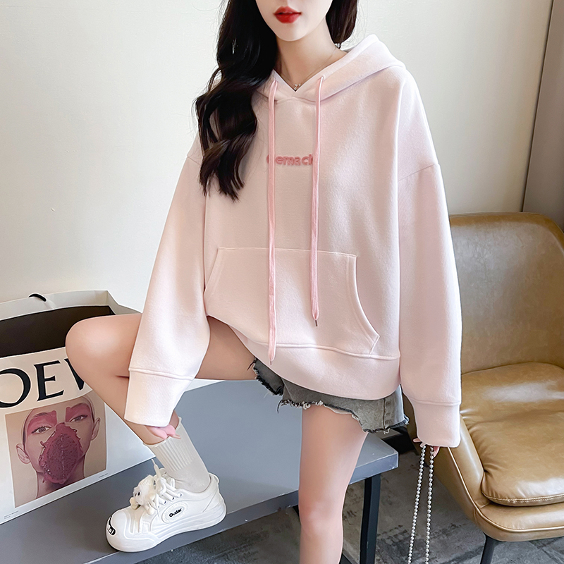 Real shot of rice wool composite 330g sweatshirt for women spring and autumn thin hooded embroidered flower top large size women's 200 pounds