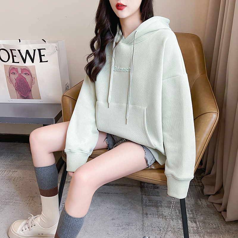 Real shot of rice wool composite 330g sweatshirt for women spring and autumn thin hooded embroidered flower top large size women's 200 pounds