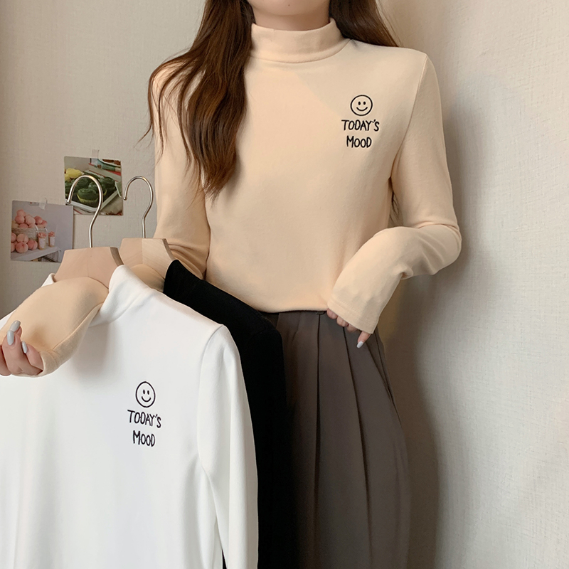 First real shot of bottoming shirt for women slim half turtleneck autumn and winter plus velvet 2024 trendy solid color warm top long-sleeved T-shirt