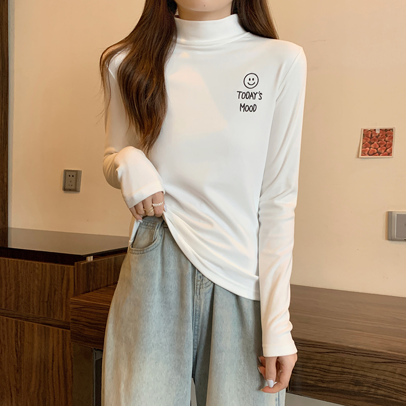 First real shot of bottoming shirt for women slim half turtleneck autumn and winter plus velvet 2024 trendy solid color warm top long-sleeved T-shirt