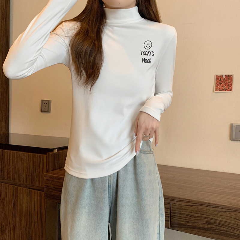 First real shot of bottoming shirt for women slim half turtleneck autumn and winter plus velvet 2024 trendy solid color warm top long-sleeved T-shirt