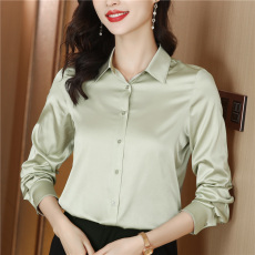 批发杭州桑蚕丝重磅真丝<b class='q'>衬衫</b>女新款2025秋长袖<b class='q'>ol</b>翻领宽松缎面纯色<b class='q'>衬衣</b>