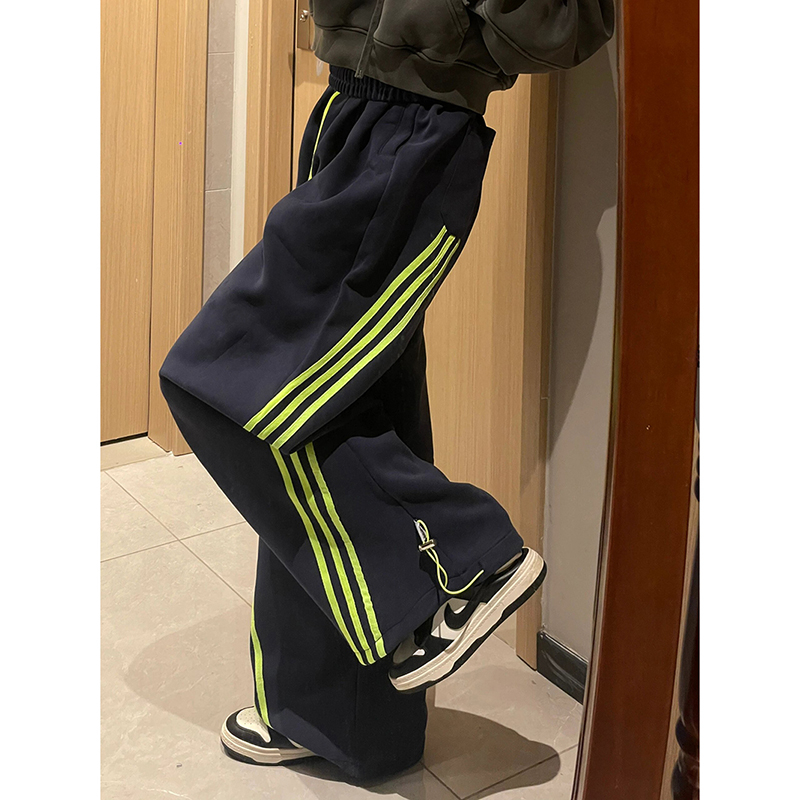 2024 American Navy Striped Sports Sweatpants Women's Straight Legs Spring Autumn Wide Legs Loose