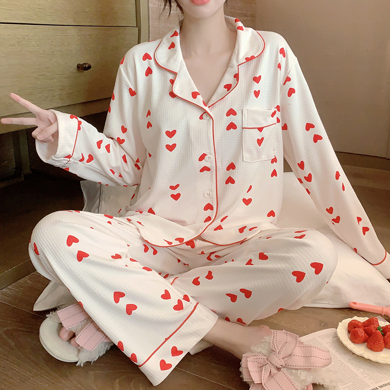 Aishang 2024 new spring and autumn long-sleeved women's pajamas waffle cardigan sweet and cute home wear set