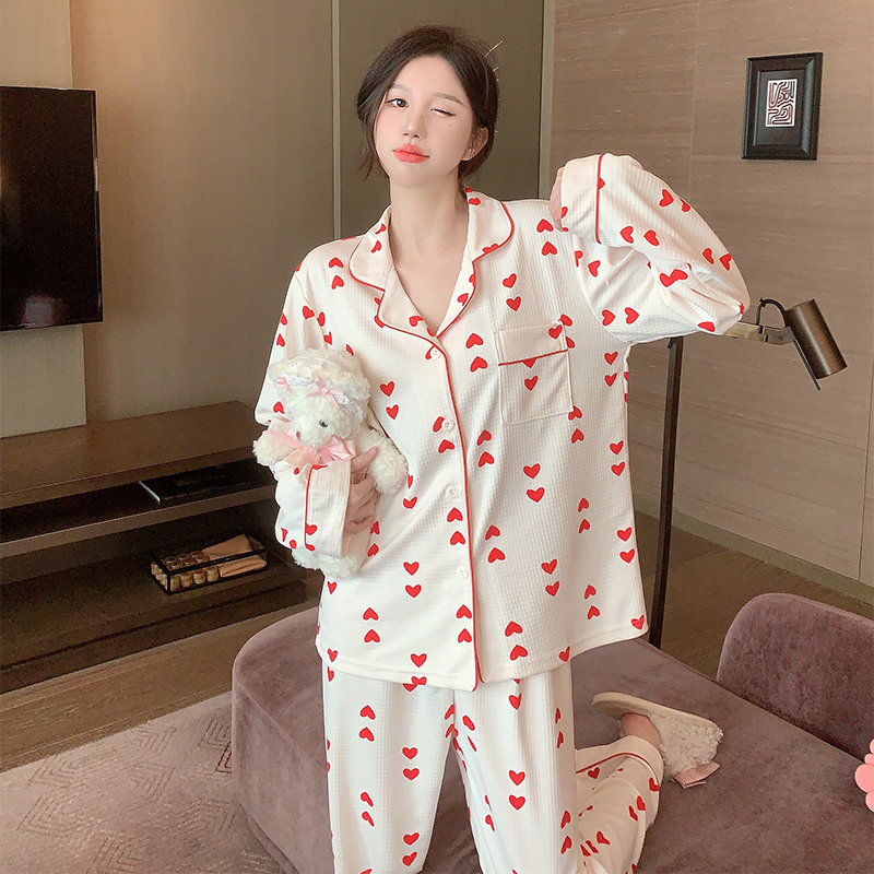 Aishang 2024 new spring and autumn long-sleeved women's pajamas waffle cardigan sweet and cute home wear set