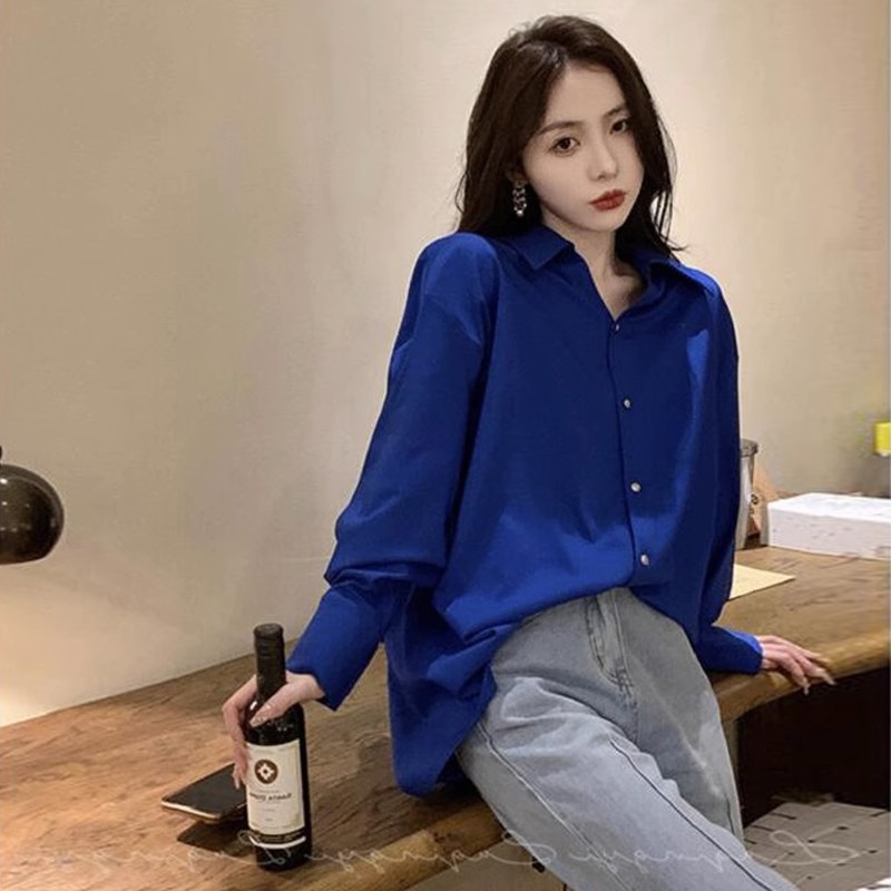 Autumn clothing 2024 retro Hong Kong style blue long-sleeved shirt women's design niche temperament versatile outer wear top