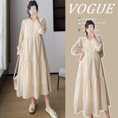 实拍~春装新品韩版时尚宽松纯色简约气质大码中长孕妇连衣裙