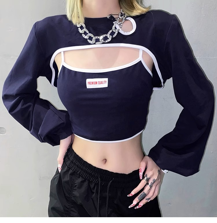 Official photo of a camisole inside, a personalized hollow outer blouse, two-piece set for women, a designer long-sleeved suit top