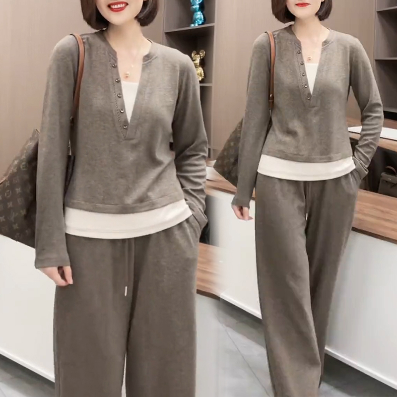 경관 그림 페이크 레이어드 패치워크 긴팔 맨위 느긋한 바람 캐주얼 와이드 레깅스 바지 2026 봄 가을 새로운 투피스 세트