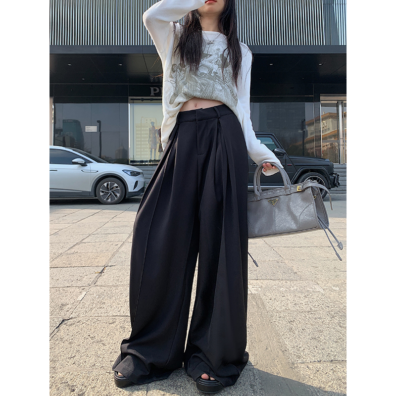 Real shot!  !  2024 loose design elastic waist casual pants women's wide leg pants high waist drape floor mopping pants