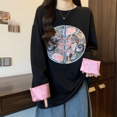 批发大码胖mm国风盘扣刺绣拼接开叉T恤上衣女长袖高级感显瘦打底衫