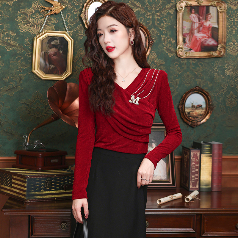 MY12731# 长袖金丝绒设计感女装修身上衣纯色亮丝立体装饰女裝貨源服裝批發