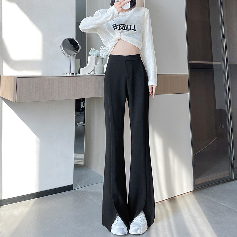 Black slit slightly flared suit pants for women spring new high-waist slim narrow version straight-leg flared wide-leg pants