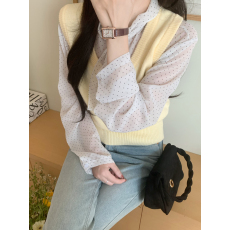 实拍实价~设计感波点衬衫叠穿针织马甲背心两件套