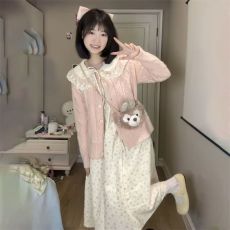 批发两件_套装日系娃娃领中长款碎花<b class='q'>连衣裙</b>女学生+麻花毛衣开衫外套潮