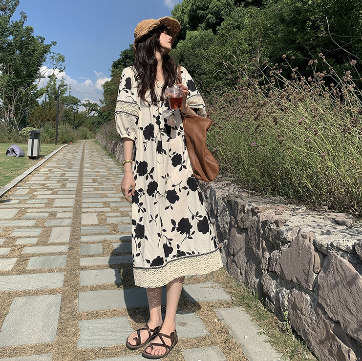 MY3019# 夏装大码胖MM时尚宽松印花蕾丝拼接中长款连衣裙女裝貨源服裝批發