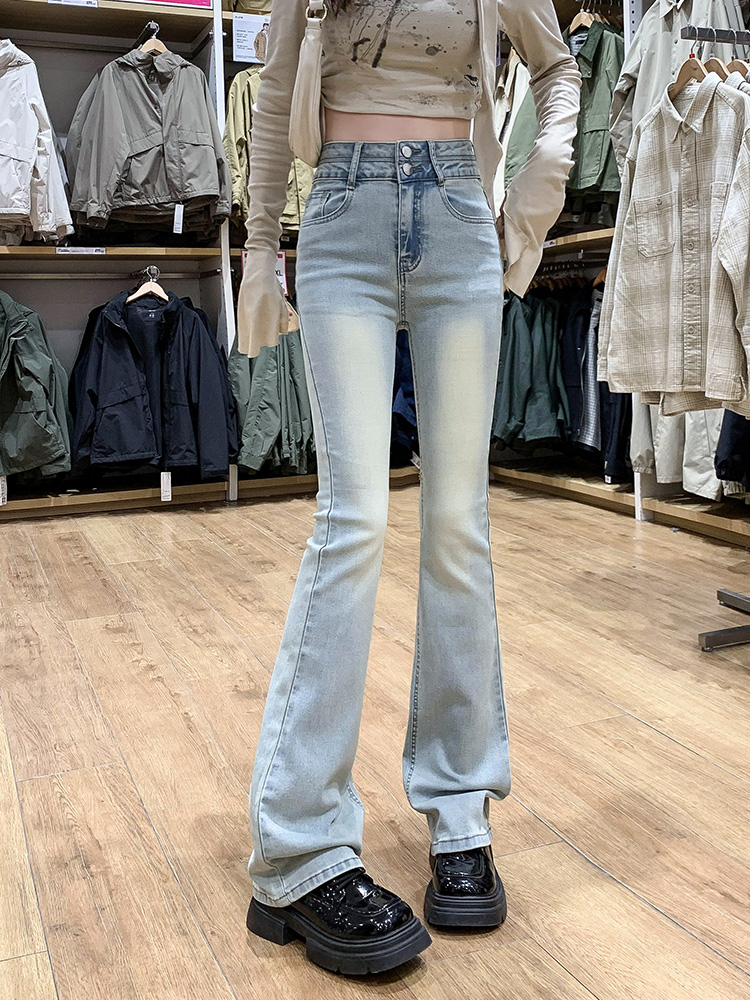 Actual shot of new spring bootcut jeans for women, high-waisted, loose, slimming, stretchy straight pants