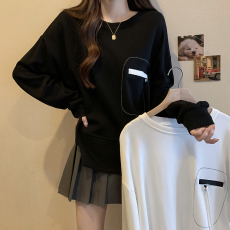 批发大码<b class='q'>女装</b>韩版遮肚子圆领长袖打底衫女秋季胖妹妹显瘦拼接百搭上衣