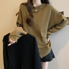 批发大码<b class='q'>女装</b>韩版遮肚子圆领长袖打底衫女秋季胖妹妹显瘦拼接百搭上衣