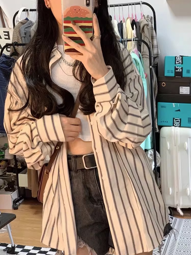 Striped long-sleeved thin chic Hong Kong design niche sunscreen shirt for women loose spring and autumn outer shirt jacket