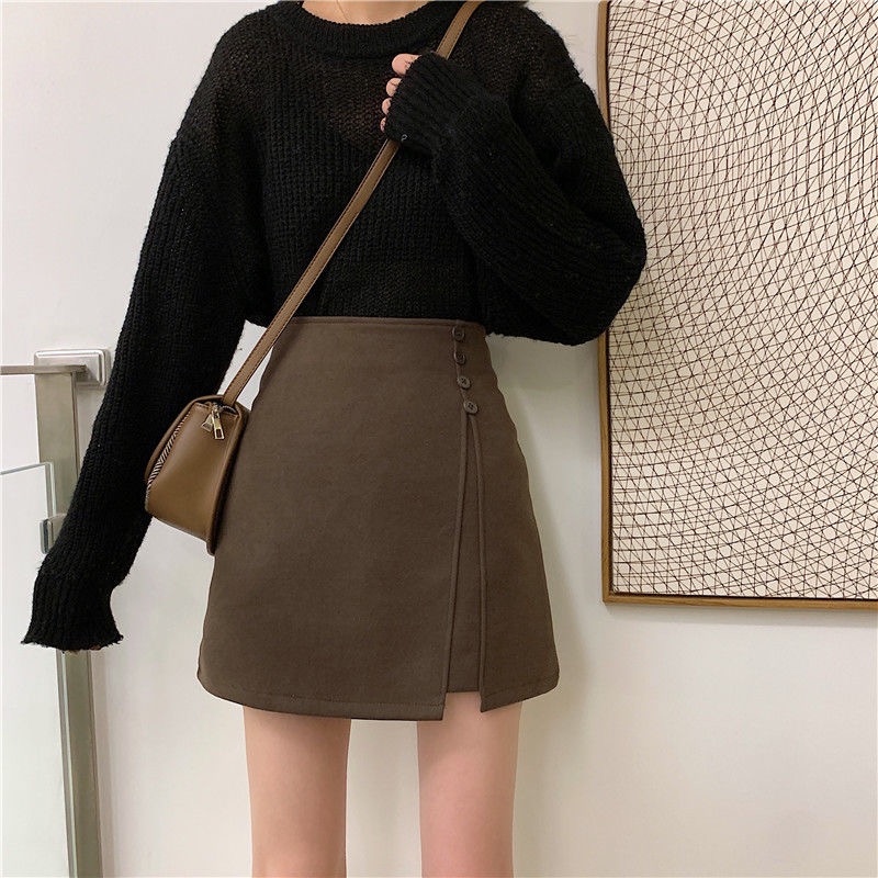 Irregular woolen skirt women's autumn and winter new large size slit high waist A-line skirt