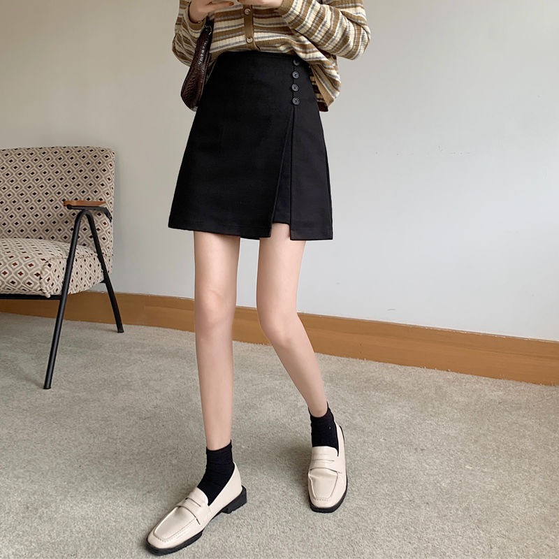 Irregular woolen skirt women's autumn and winter new large size slit high waist A-line skirt