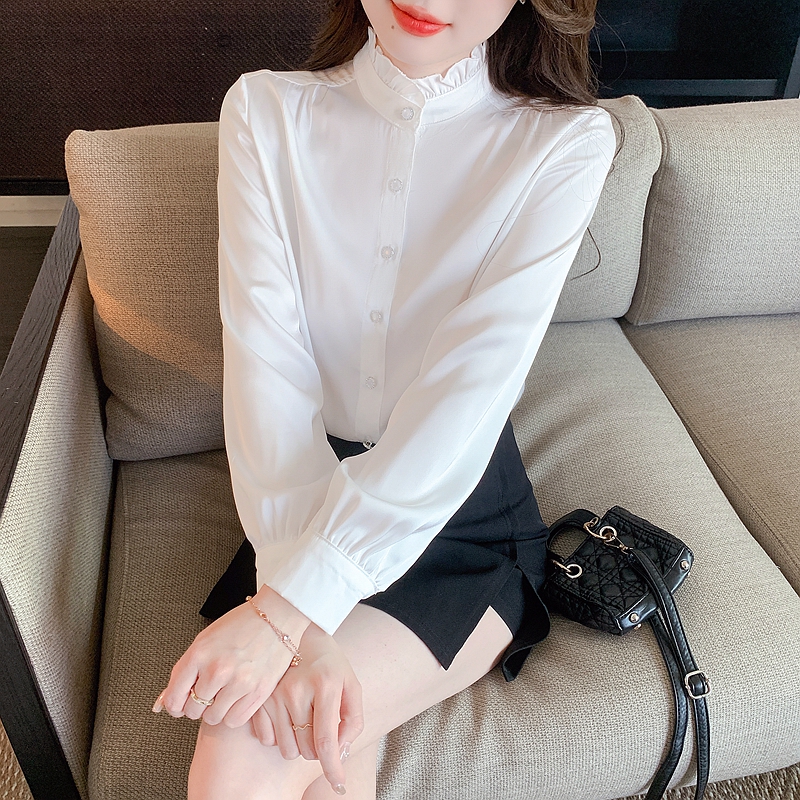2026 봄 가을 새로운 시뮬레이션 실크 새틴 흰 셔츠 맨위 품격 레이스 칼라 출퇴근 바람 셔츠