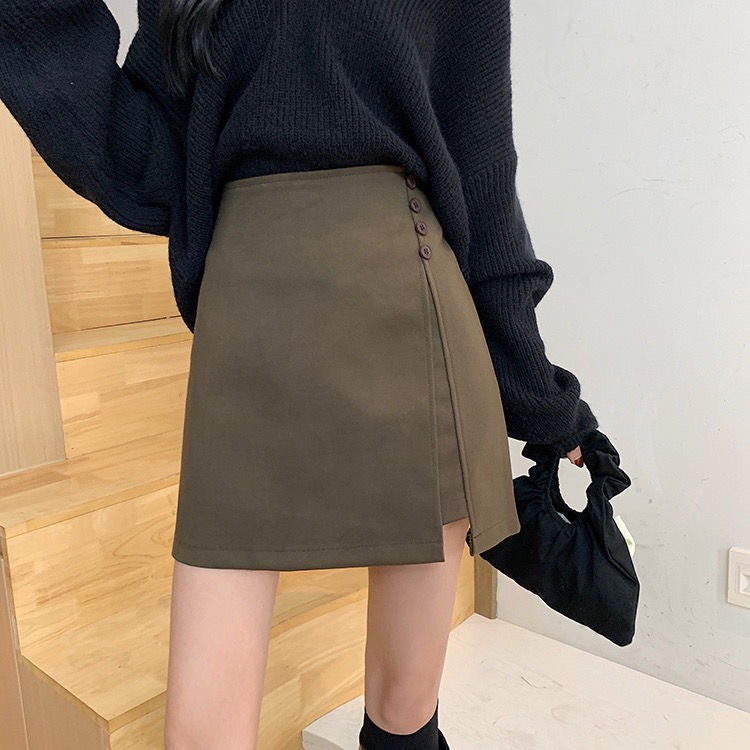 Irregular woolen skirt women's autumn and winter new large size slit high waist A-line skirt